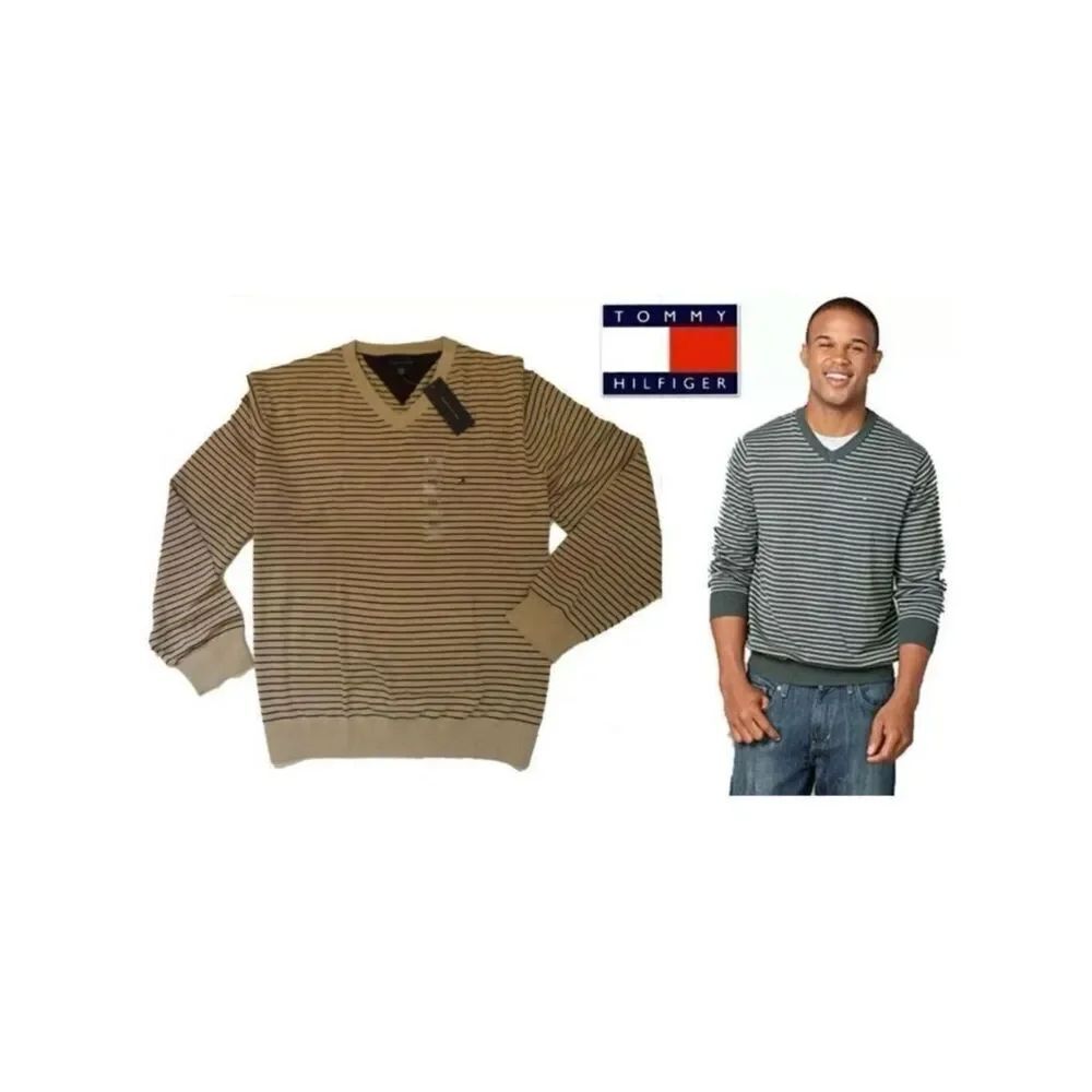 NWT Vintage Y2K Tommy Hilfiger Beige Black Striped V Neck Men’s Sweater Rare!!!